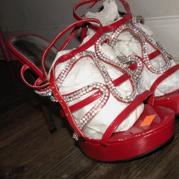 A pair of red women's heels shoes with rhinestone straps. (All sizes available) - Picture 4 of 4